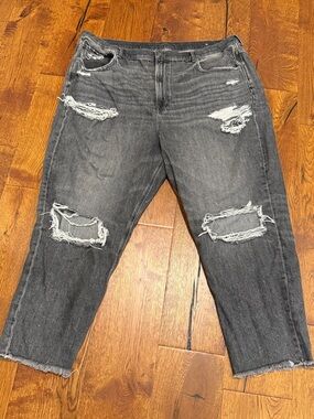 American Eagle Black Distressed Jeans Size 24 Curvy Stretch Raw Hem Cropped